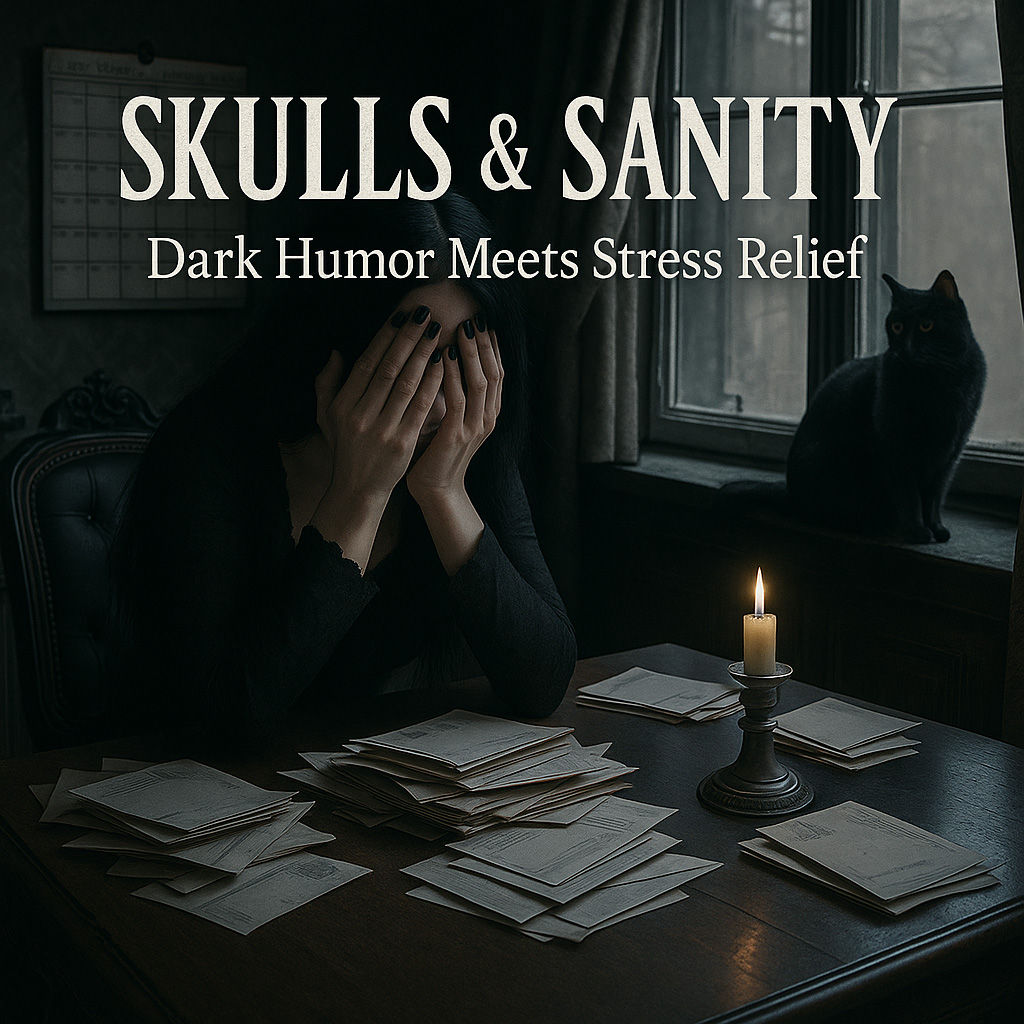 Woman coloring skulls at table under stress
